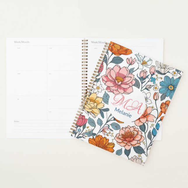 Agenda Nome Personalizado do Padrão Floral Girly Monogram (Exibição)
