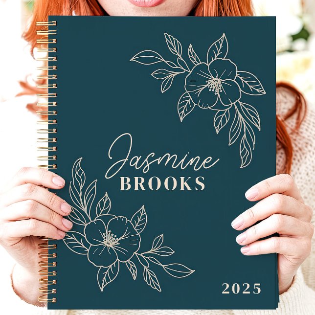 Agenda Nome Personalizado do Teal Minimalist Floral 2025 (Criador carregado)