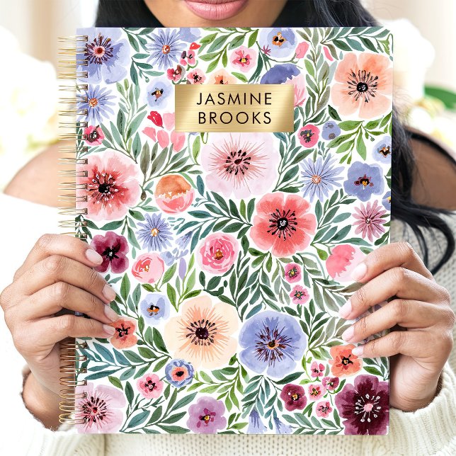 Agenda Nome Personalizado Floral de Cores Aquáticas (Criador carregado)