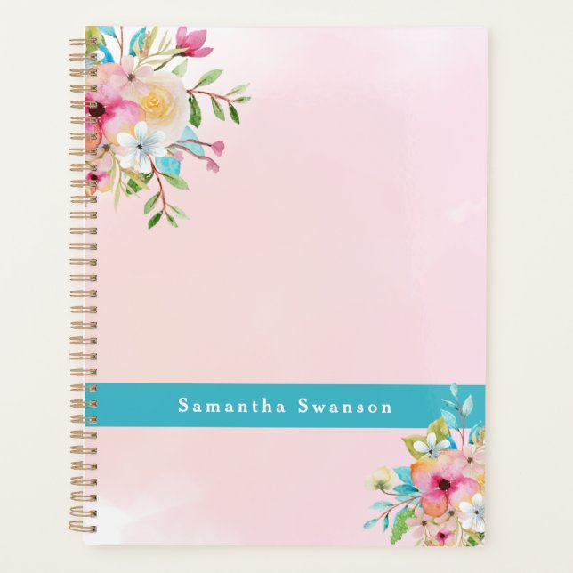 Agenda Nome Personalizado Floral do Turquesa Rosa Elegant (Frente)