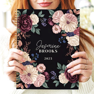 Agenda Nome Personalizado Floral Escuro Sofisticado