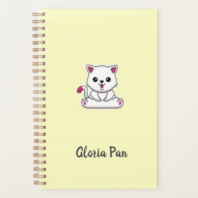 Agenda Nome personalizado gato branco giro em amarelo (Frente)