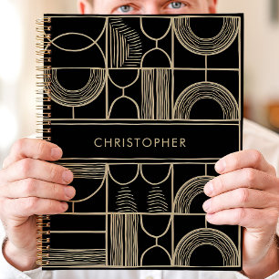 Agenda Nome Personalizado Geométrico Preto e Dourado
