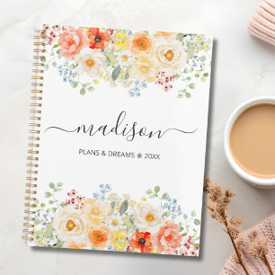 Agenda Nome Personalizado Monograma Aquarela Floral Ensol