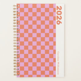 Agenda Nome Personalizado Retrô Xadrez Laranja Rosa
