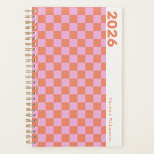 Agenda Nome Personalizado Retrô Xadrez Laranja Rosa