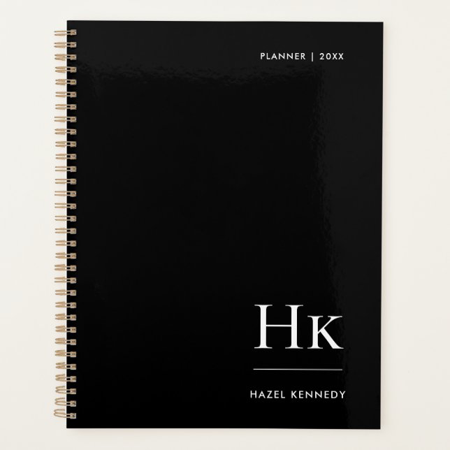 Agenda Nome Personalizado Simples Elegante Preto Monogram (Frente)
