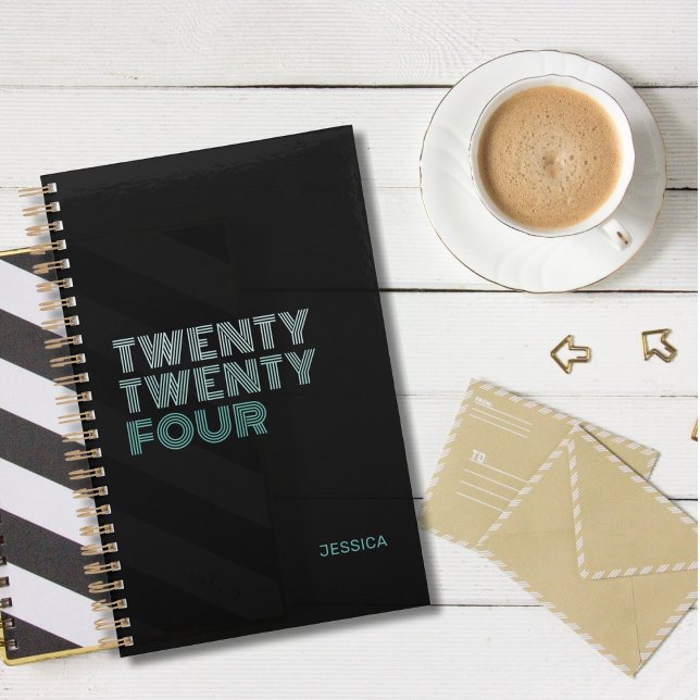 Agenda Nome Retroativo do Teal Negro Elegante Personaliza (black with teal lettering twenty twenty four planner)