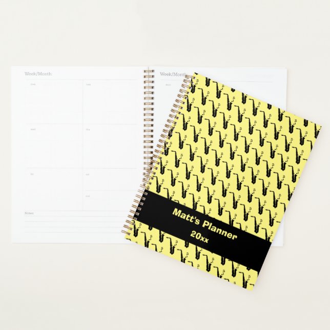 Agenda Notas de música saxofônicas amarelo personalizado (Exibição)