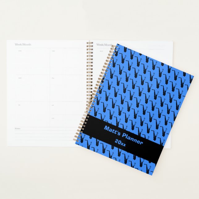 Agenda Notas de música saxofônicas personalizadas azul (Exibição)