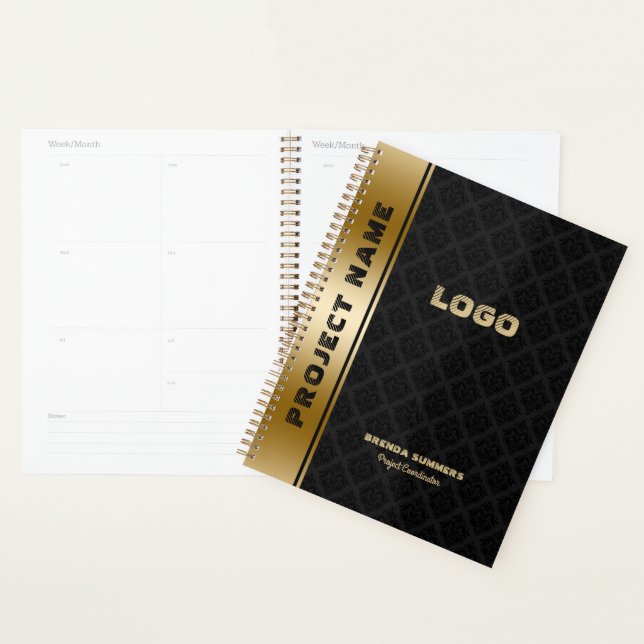 Agenda Notebook com destaque de faixa Dourada para Damasc (Exibição)