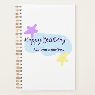Agenda Nuvens azul pastel estrelas roxo feliz aniversário