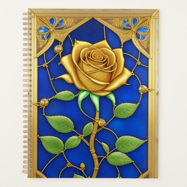 Agenda Obra de Arte Rosa Dourada Ornamentada (Frente)