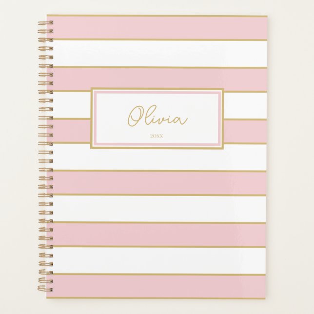 Agenda Olivia Stripes Planner em Blush e Branco (Frente)