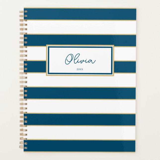 Agenda Olivia Stripes Planner em Oceano e Branco (Frente)