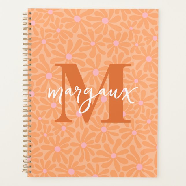 Agenda Orange Daisies Floral Personalizado Monograma Nome (Frente)