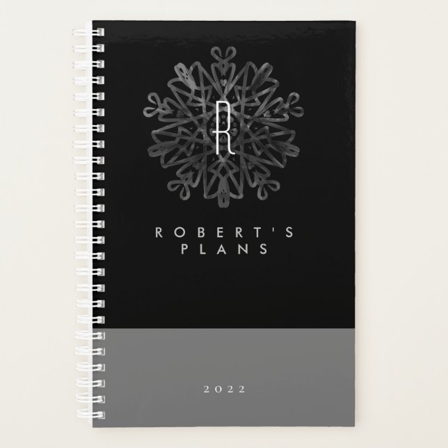 Agenda Ornamentado Branco e Preto Luxuoso Chic Monograma (Frente)