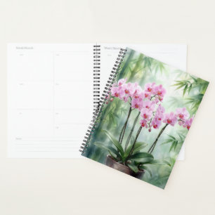 Agenda Orquídeas Rosa em Fundo de Bambu Verde