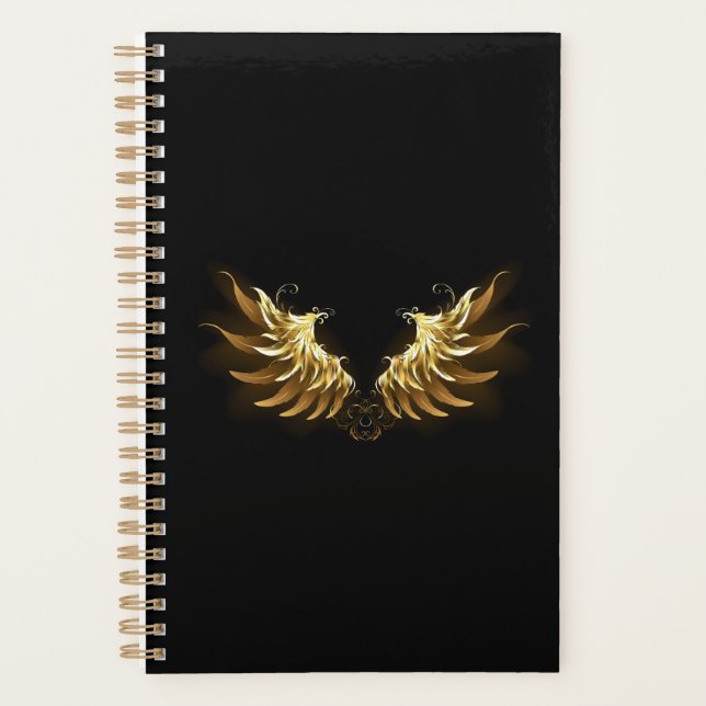 Agenda Ouro Angel Wings sobre fundo preto (Frente)