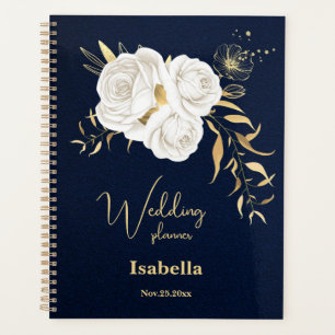 Agenda ouro branco floral casamento azul marinho