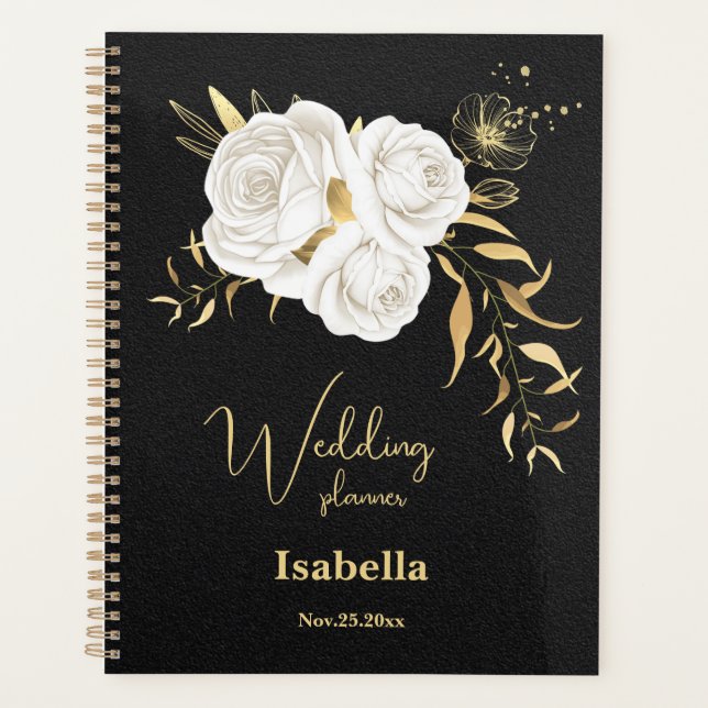 Agenda ouro branco floral preto casamento  (Frente)