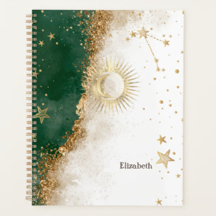 Agenda Ouro Celestial Sol e Lua Estrelas Verde