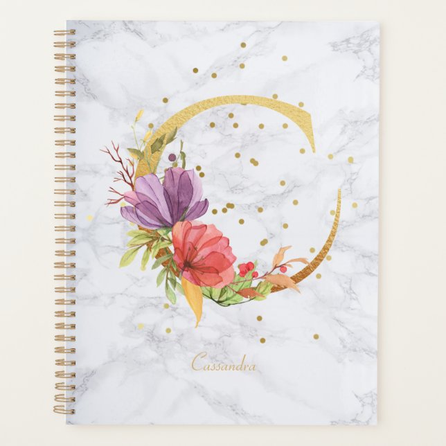 Agenda Ouro de Aquarela Moderna - Marble - Letra C (Frente)