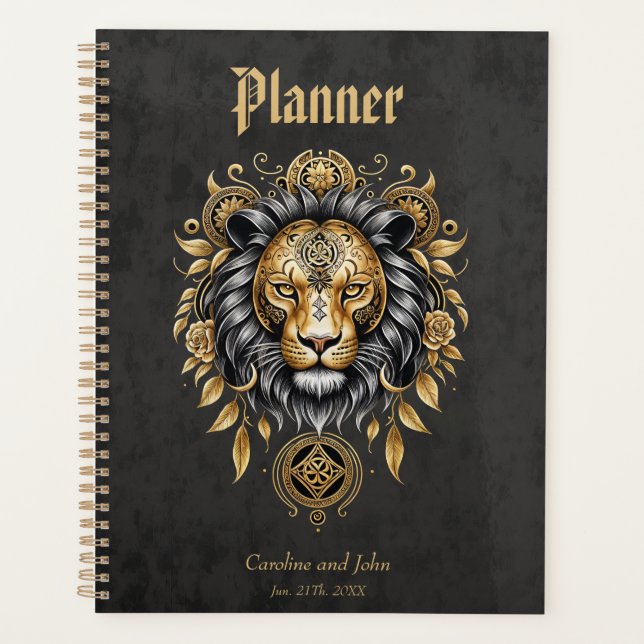 Agenda Ouro majestoso de cabeça de leão com homem negro (Frente)