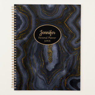 Agenda Ouro Moderno & Cristal de Ágata Preto Personalizad