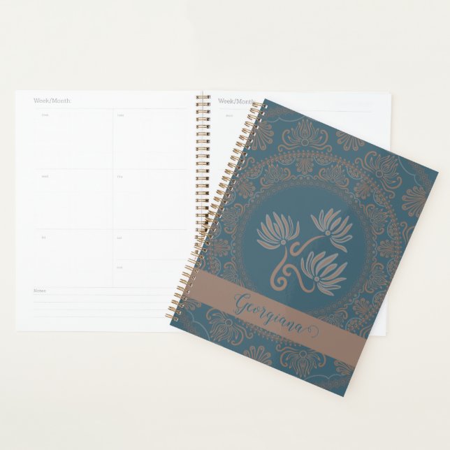 Agenda Ouro Personalizado Teal Rococo Lotus Dot Mandala (Exibição)