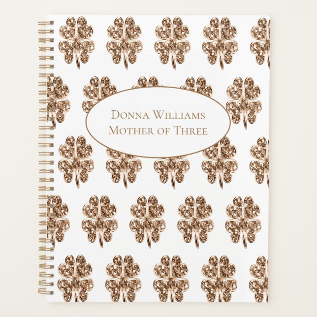 Agenda Ouro Quatro Folhas Folhas Padrão Dourado e Branco (Frente)