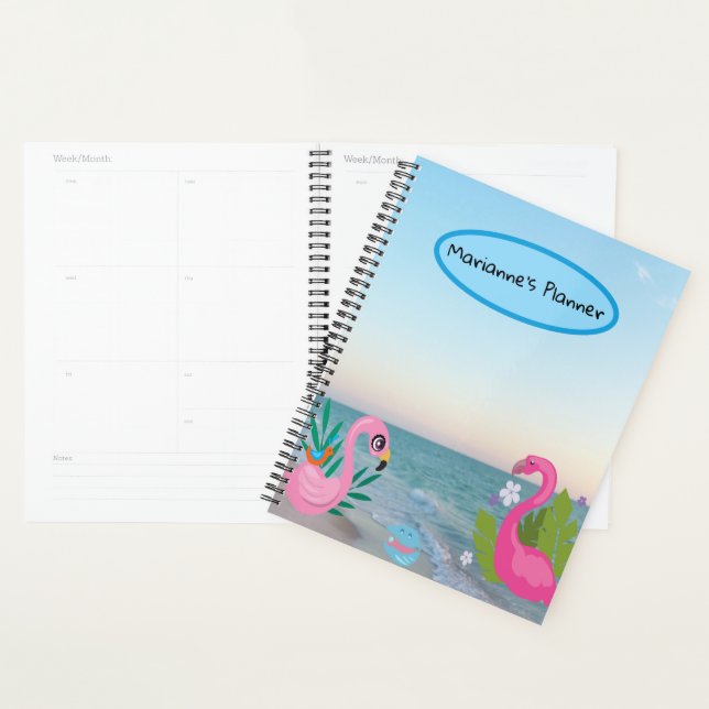 Agenda Oval Azul Flamingos Oceano Ilustração Pessoal (Exibição)