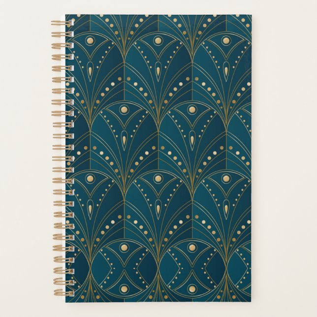 Agenda padrão Art Deco com formas geométricas douradas (Frente)