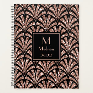 Agenda Padrão Art Déco de Monograma com Brilho em Rosa Do