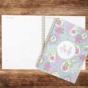 Agenda Padrão Azul de Paisley Pink Girly Cute Chic Preppy