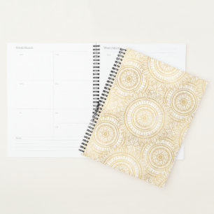 Agenda Padrão Branco Elegante Dourado de Mandala Girasso
