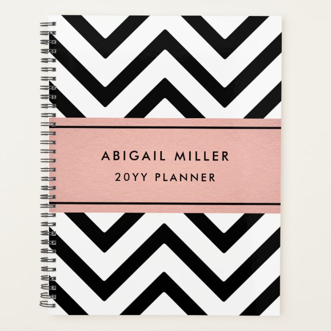 Agenda Padrão Chic Modern Pink, Black and White Chevron (Frente)