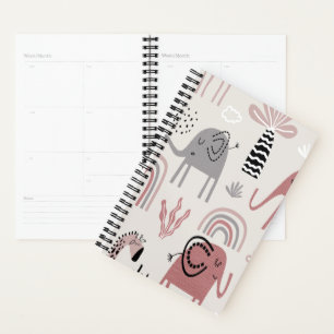 Agenda padrão com elefantes fofos e girafas gigantes