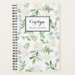 Agenda Padrão de Aquarela Verde e Flores Brancas<br><div class="desc">Escreva seus planos e agendamento com este notebook verde. Apresenta ilustrações de aquarelas de flores brancas, eucalipto e outras folhagens. Personalize adicionando seu nome ou frase curta. Este planejador floral será perfeito como presente personalizado. Itens correspondentes estão disponíveis.</div>