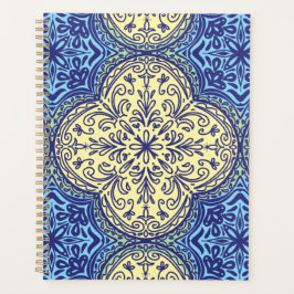 Agenda Padrão de Azulejo Azul e Dourado