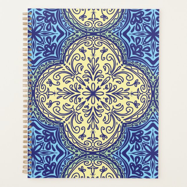 Agenda Padrão de Azulejo Azul e Dourado (Frente)