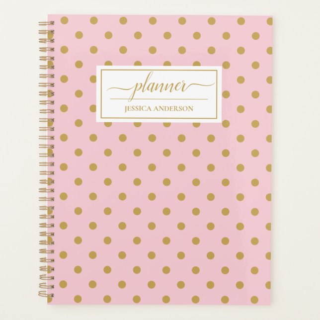 Agenda Padrão de Bolinhas Douradas, cor-de-rosa, chic (Frente)
