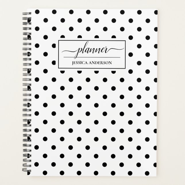 Agenda Padrão de Bolinhas Pretas Chic White (Frente)
