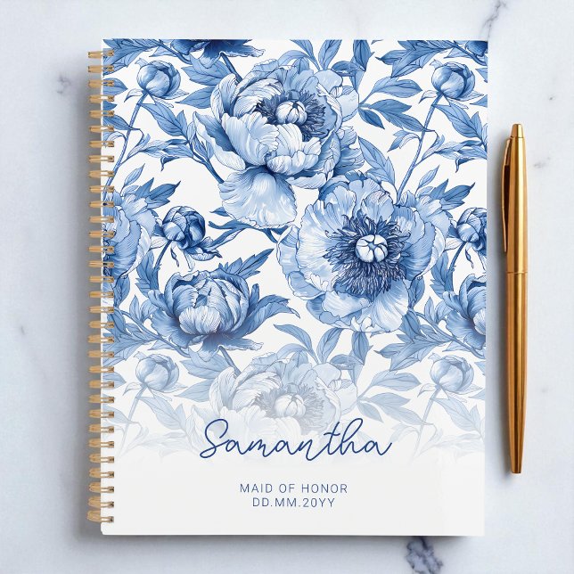 Agenda Padrão de Flor Azul Floral Roteiro Dama de Honra (Floral Blue Flower Pattern Script Maid of Honor Planner)