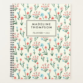 Agenda Padrão de Flores Azuis Rosa Simples Pastel