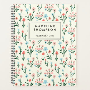Agenda Padrão de Flores Azuis Rosa Simples Pastel
