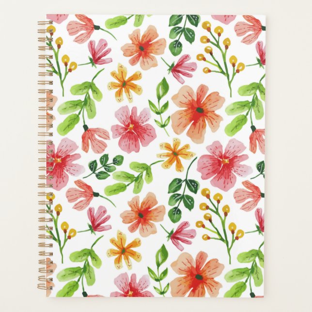 Agenda Padrão de Flores Rosa em Aquarela (Frente)