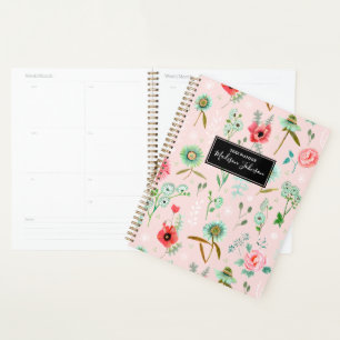 Agenda Padrão de Flores Selvagens Rosa Boho Planner