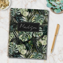 Padrão de Folhas Tropicais Verdes Aquarela Monogra