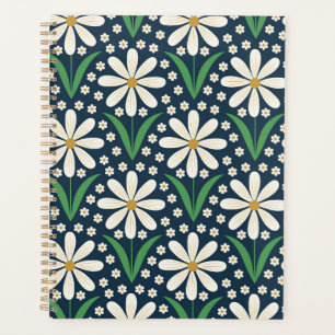 Agenda Padrão de Margaridas Brancas Mid Mod Retro em Azul